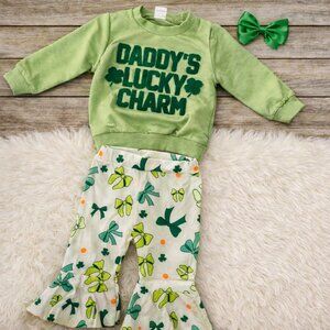 🍀💚 Little Girl's Shamrock & Ruffles St. Patrick's Day Outfit w/ Bow (Size 12-1